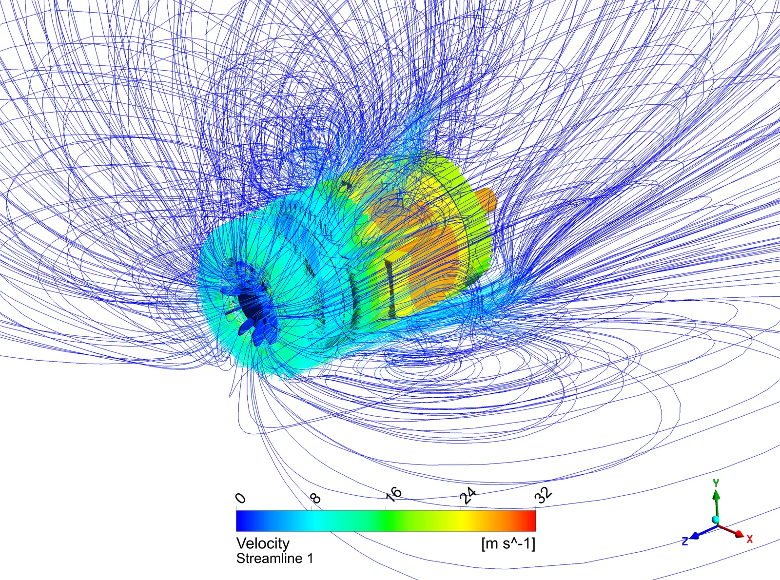 Flow produced by the external fan. Air leaving the fan cover runs along the frame and is drawn back in.